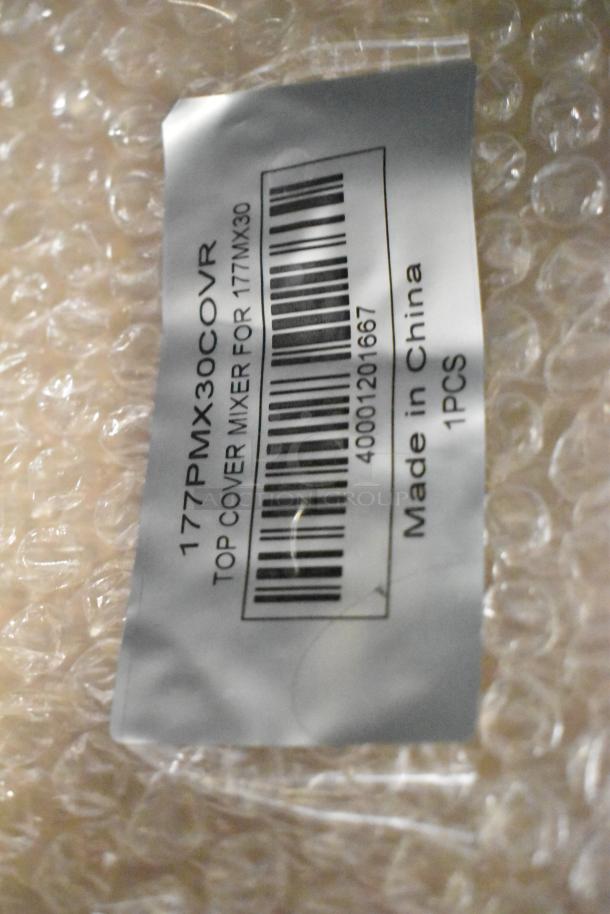 Barcode label on bubble wrap for 177PMX30COVR, "Top Cover Mixer for 177MX30," made in China, 1 piece.