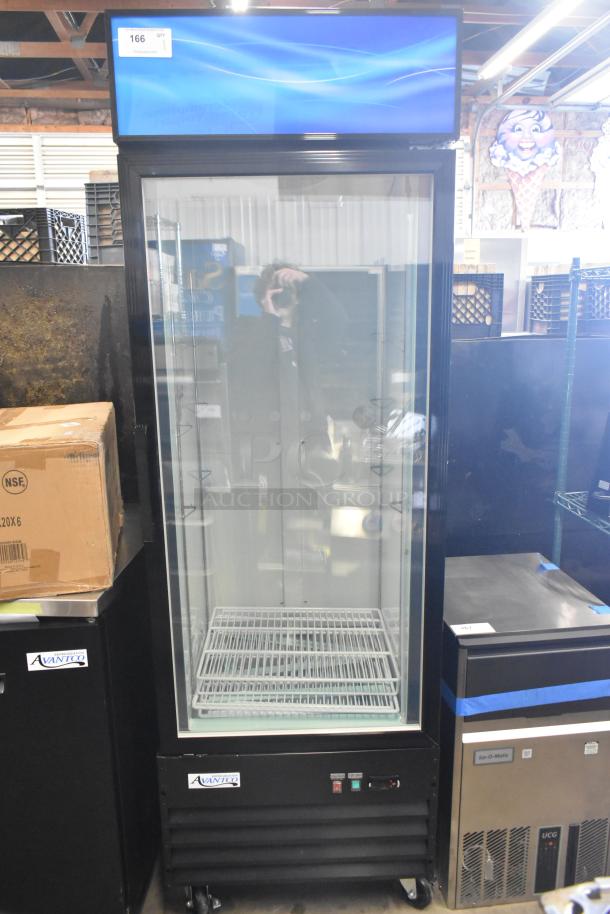 Brand new Avantco 178GDC12FHCB 27" black glass door merchandiser freezer, LED lighting, 115V, 1 phase. Scratch and dent.