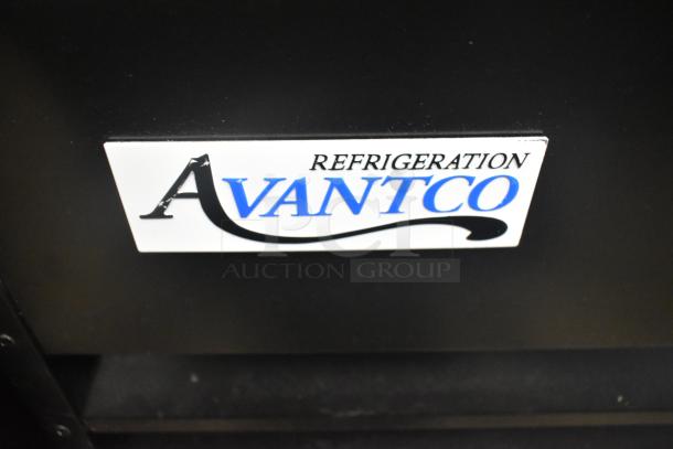 Avantco branding label on a black customizable swing glass door merchandiser freezer. Model 178GDC12FHCB.