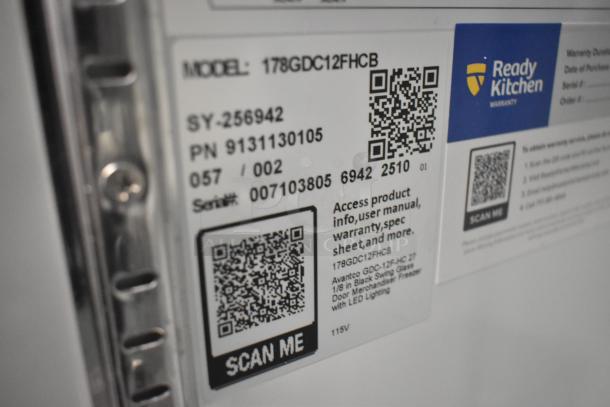 Alt text: "Label of Avantco 178GDC12FHCB merchandiser freezer showing QR codes, model, serial number, and product details."
