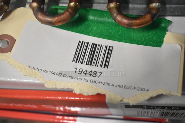 Avantco Ice 194487 condenser tag for EUC-H-230-A/EUC-F-230-A, new condition. Includes barcode and model details.
