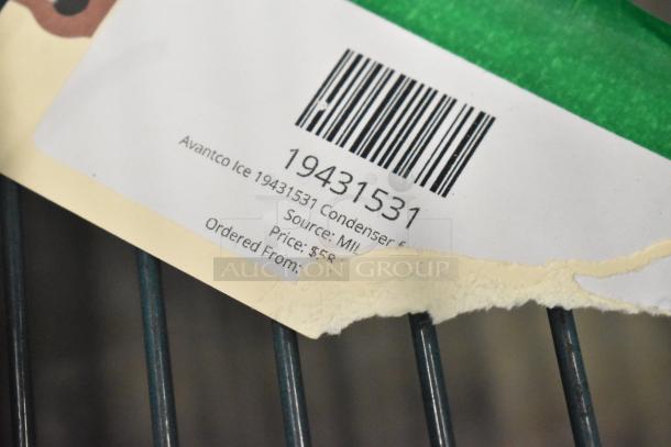 Barcode label of Avantco Ice 19431531 condenser, priced at $59.99, against metal grate.