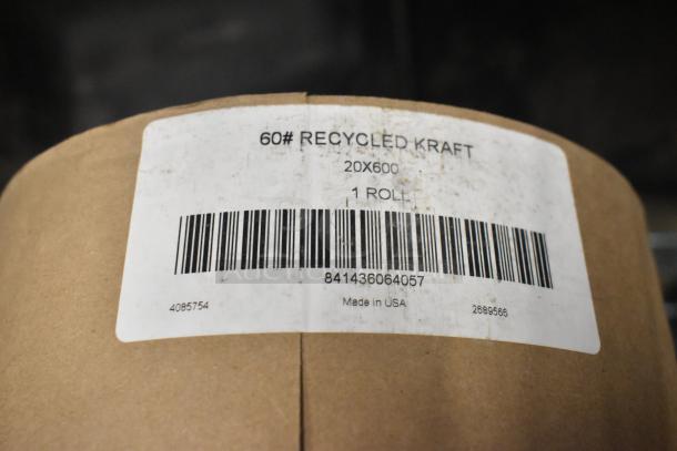 Brand new recycled Kraft paper roll, 20x600 size. Minor scratches on label, barcode and "Made in USA" displayed.