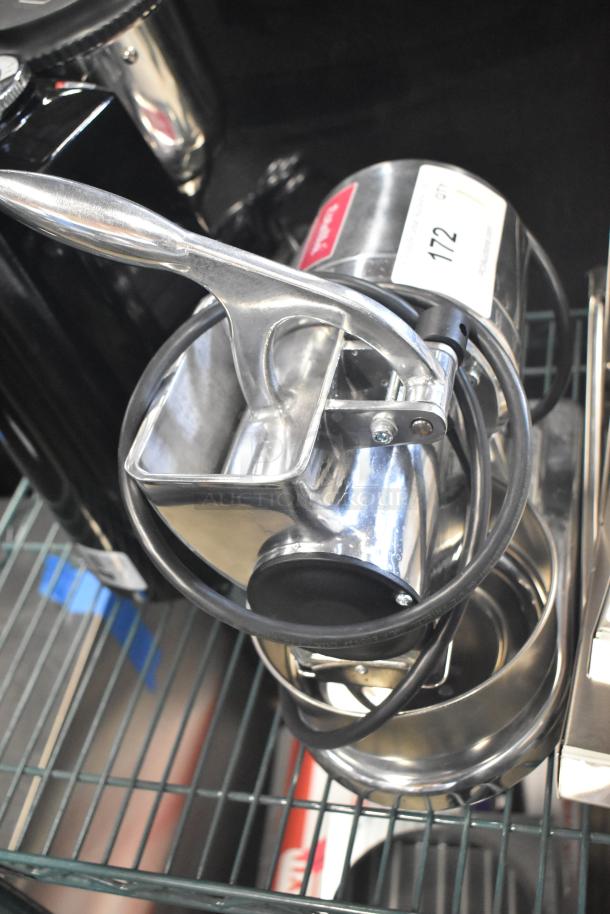 Estella 348CG12 electric hard cheese grater, shiny metal finish, new with some scratches, 1.1 lb/min capacity, 120V.