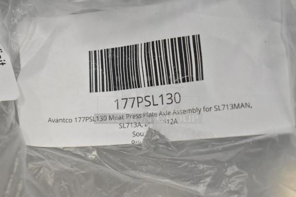 BRAND NEW Avantco 177PSL130 Meat Press Plate Axle Assembly for SL713MAN, SL713A, SL612A; packaging shows barcode.