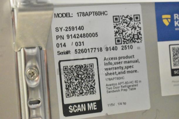 BRAND NEW Avantco 178APT60HC Commercial Prep Table tag, 115V, 1 Phase, includes barcode and serial: 526017718.