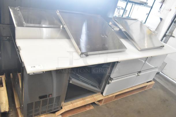 Brand new Avantco commercial pizza prep table with 4 drawers, 1 door. Scratch and dent. 115V, 1 phase.