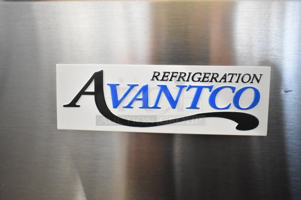 Brand new Avantco pizza prep table, scratch and dent, with 4 drawers, 1 door, 115 volts, 1 phase; logo on metal surface.