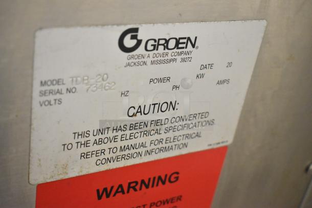 Label on Groen TDB-20 commercial steam kettle, model TDB-20, serial 73462. Indicates electrical conversion specifications caution.