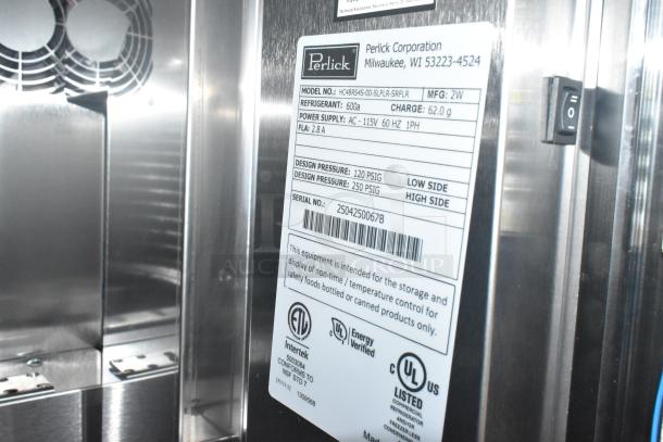 2025 Perlick HC48RS4S Commercial 2 Door Undercounter Cooler, label showing model, voltage, and certification details.
