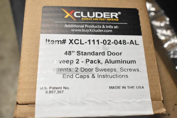 Xcluder door sweep box label, item XCL-111-02-048-AL, includes 2 aluminum 48" door sweeps, screws, end caps. Made in USA.