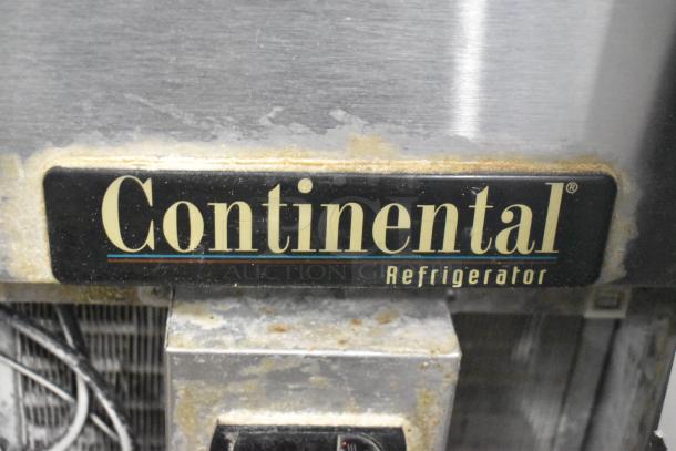 Continental CPA93 commercial pizza prep table, stainless steel, 6 drawers, casters. Visible wear; brand label shown. 115V, 1 phase.