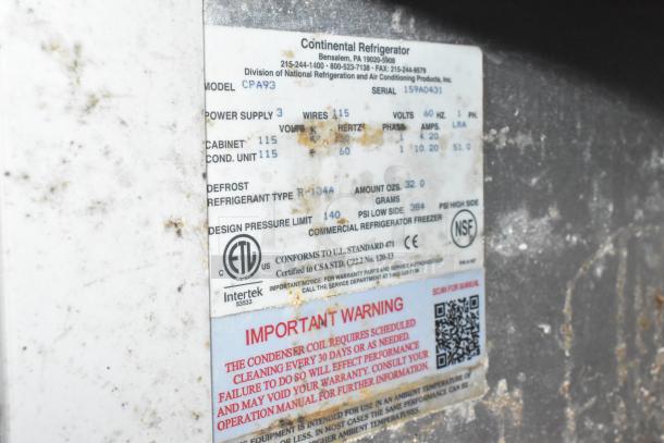 Continental CPA93 Commercial Pizza Prep Table label, detailing model, power supply, refrigerant type R-134a, and certifications.