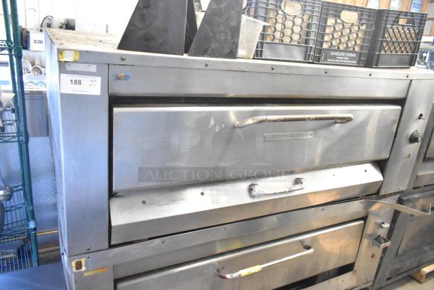 Montague 14-P-1 commercial natural gas single deck pizza ovens with cooking stones, stainless steel, visible wear, label reads "188 QTY X2".