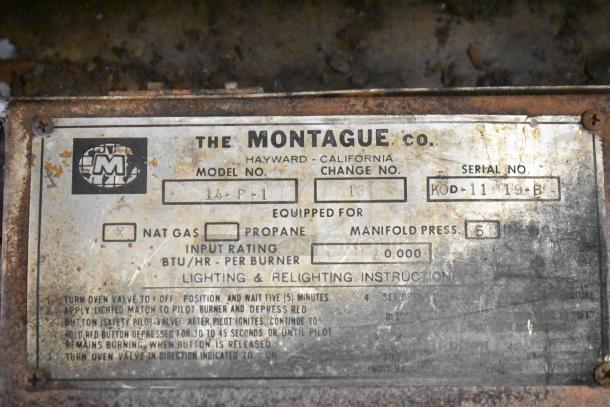 Montague 14-P-1 pizza oven label, showing model details, natural gas use, and lighting instructions.