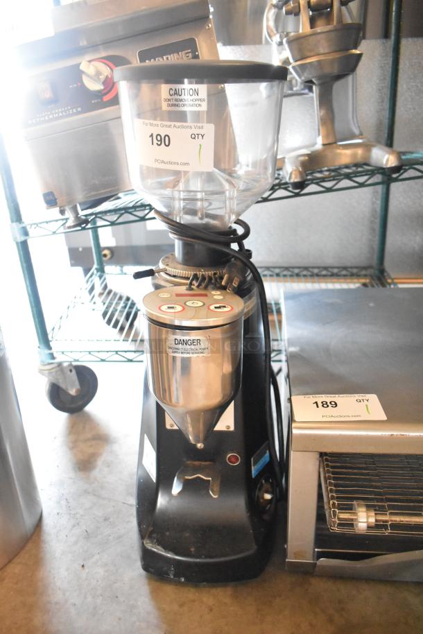 Mazzer Luigi countertop espresso bean grinder, 110 volts, 1 phase; features caution and danger labels.
