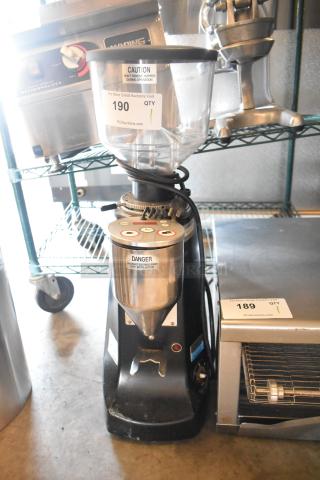Mazzer Luigi countertop espresso bean grinder, 110 volts, 1 phase; features caution and danger labels.