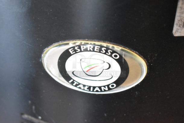 Mazzer Luigi Espresso Bean Grinder with "Espresso Italiano" badge. 110 Volts, 1 Phase. Black finish.