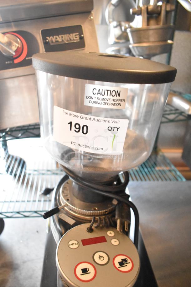 Mazzer Luigi Countertop Espresso Bean Grinder, 110V, features digital controls and caution labels. Clean condition for auction.