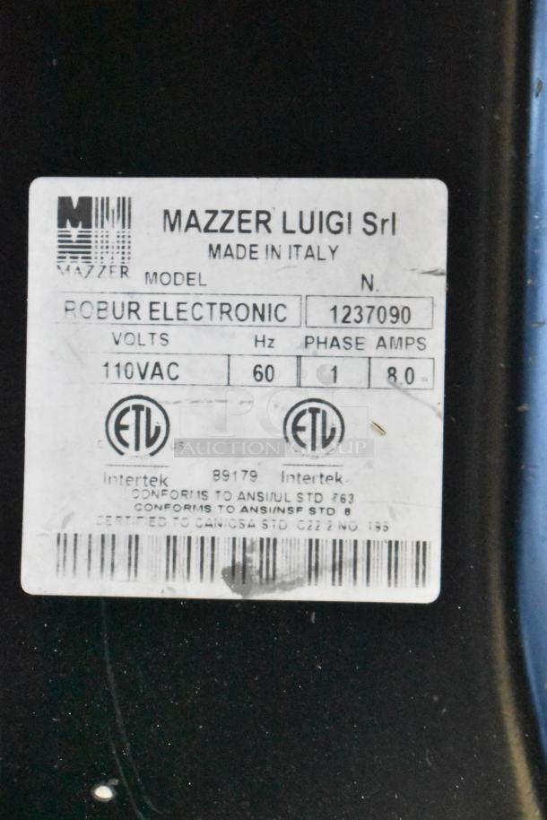 Mazzer Luigi Robur Electronic espresso grinder label, 110V, 60Hz, 1 phase, 8.0A. Made in Italy. Model: 1237090.