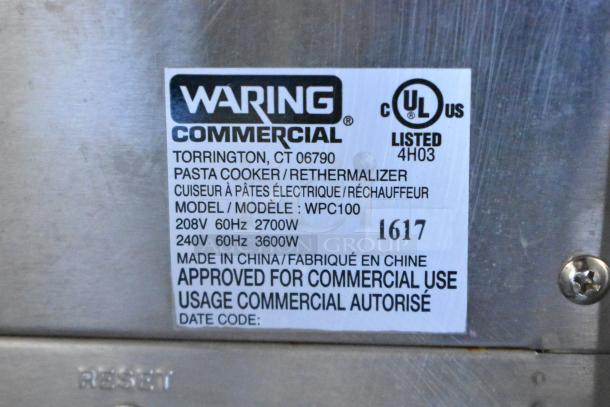 Waring WPC100 electric pasta cooker, rethermalizer label. 208/240V, 60Hz, commercial use, model WPC100, made in China.