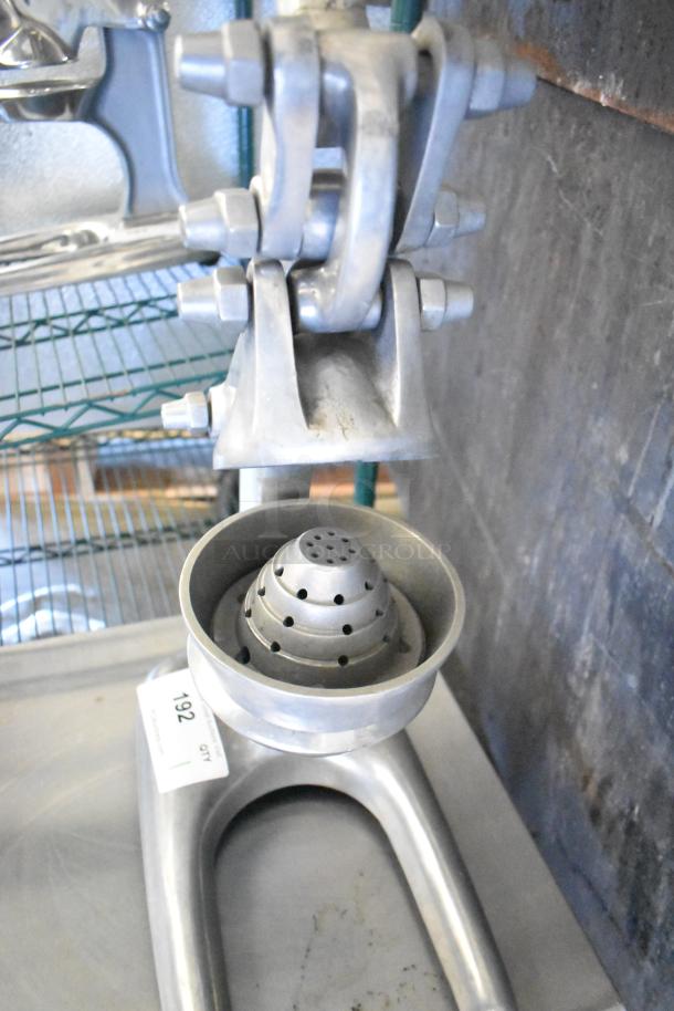 RA Chand Manual Citrus Juicer, aluminum, countertop model, robust design, visible auction tag reading "192", used condition.