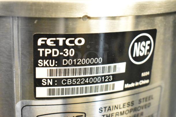 BRAND NEW SCRATCH AND DENT! Fetco TPD-30 Luxus 3 Gallon Coffee Dispenser, stainless steel, SKU D01200000, SN CB5224000123, NSF labeled.