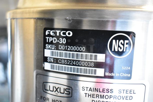 BRAND NEW Fetco TPD-30 Luxus 3 Gallon Coffee Dispenser, stainless steel, scratch and dent, NSF certified, SKU: D01200000.