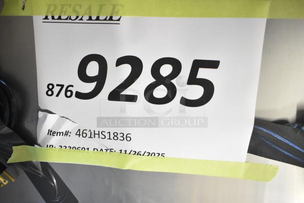 Stainless steel heated shelf, Metro 461HS1836, 18x36 inches, scratch and dent, 120V, 1 phase, with visible auction tags.