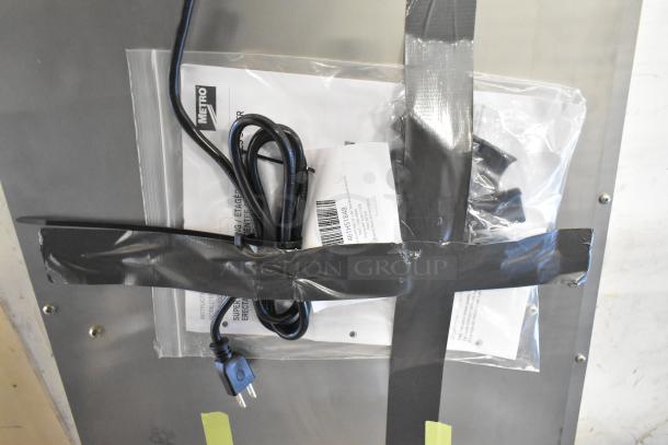 BRAND NEW Metro 461HS1848 Super Erecta Heated Shelf, 18" x 48", 120V, 400W, stainless steel, scratch and dent, shown with cord.