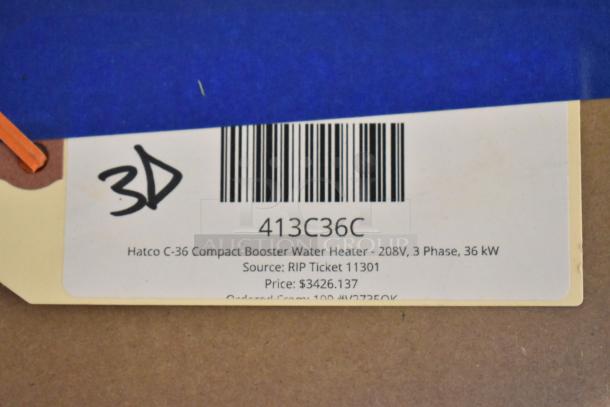 Hatco C-36 Compact Booster Water Heater, model 413C36C, 208V, 3 Phase, new scratch and dent, labeled $3426.137.