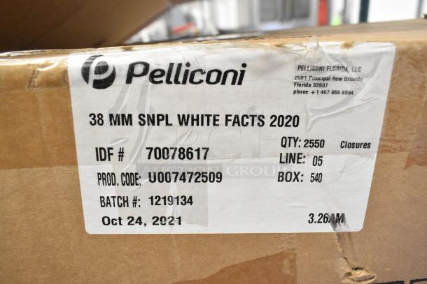 Box of Pelliconi commercial casters, labeled "38 MM SNPL WHITE FACTS 2020," quantity 2550, product code U007472509.