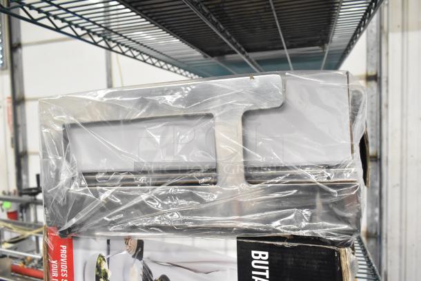 Brand new Chef Master 90217 stainless steel butane stove cover. Size: 7 3/16" x 14 1/2" x 12". Scratch and dent condition.