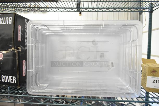 Clear poly bin on shelf, brand new, minor scratches and dents, visible tags indicating item details. Set of six bins.