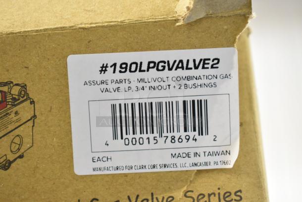Millivolt Liquid Propane Valve for Fryers, 3/4" gas in/out, model #190LPGVALVE2, new with scratch and dent, barcode visible.