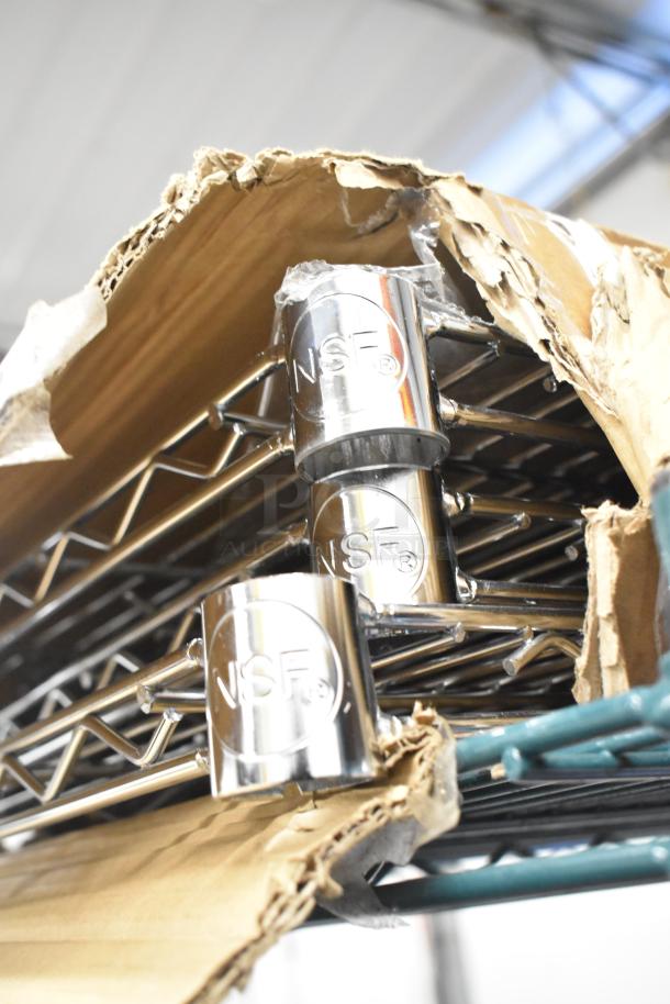 Brand new 460EC chrome wire shelves with minor dents, NSF-certified, partially exposed in worn packaging.