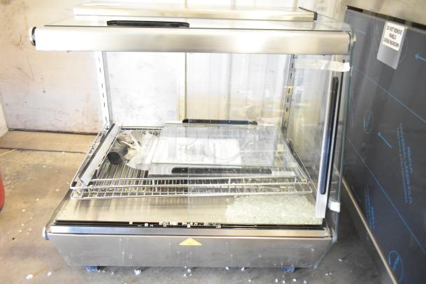 BRAND NEW ServIt 423HDM26SA 26" heated display case, 3 shelves, sliding doors, broken glass visible, 120V, 1 phase.