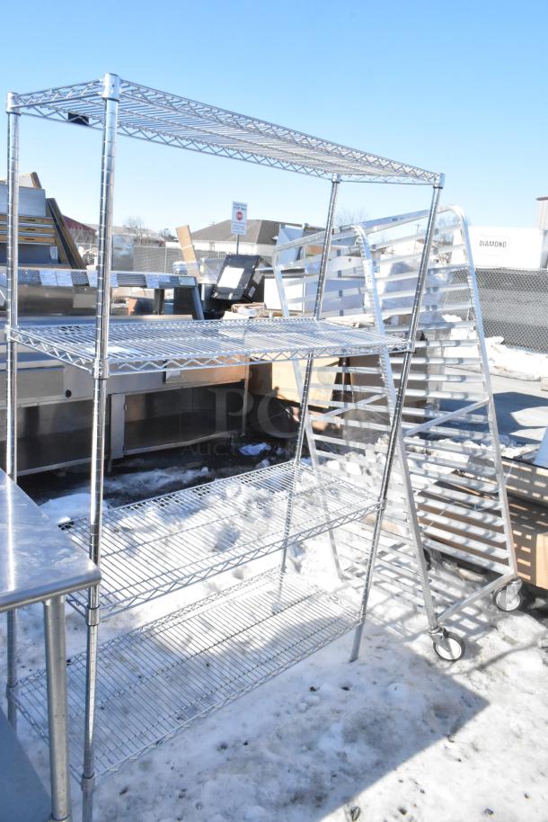 Chrome finish 4-tier wire shelving unit in good condition. Buyer must dismantle; consider freight charges.