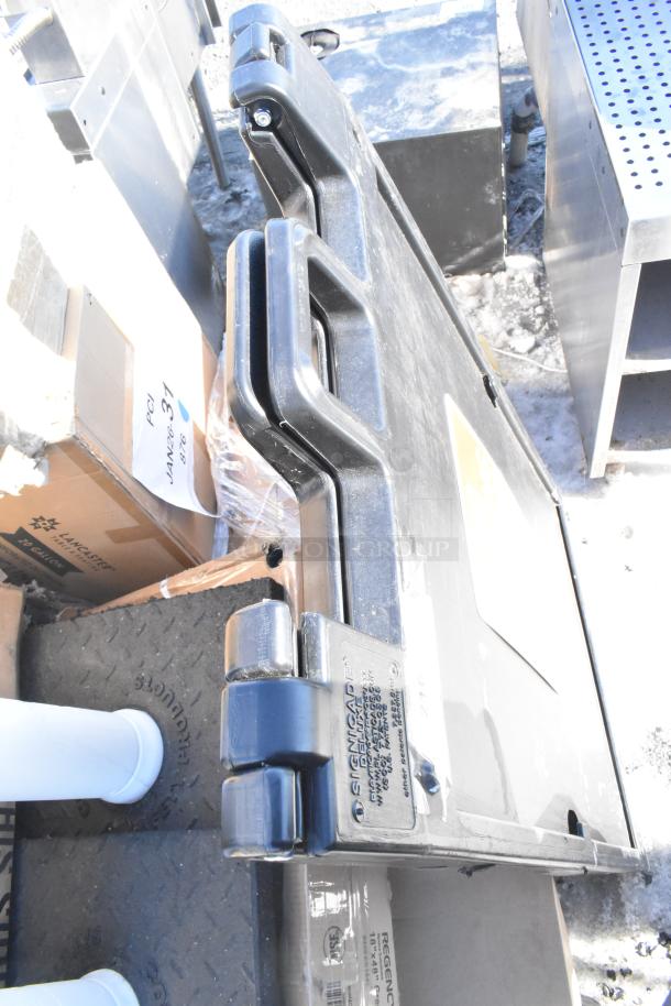 Black Poly A Frame Sidewalk Sign, durable plastic, foldable, handle for carrying, used condition, visible manufacturer labeling.