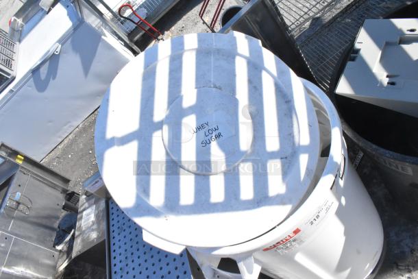 Two white poly trash cans labeled "Whey Low Sugar"; includes contents; used condition; Uline brand visible.