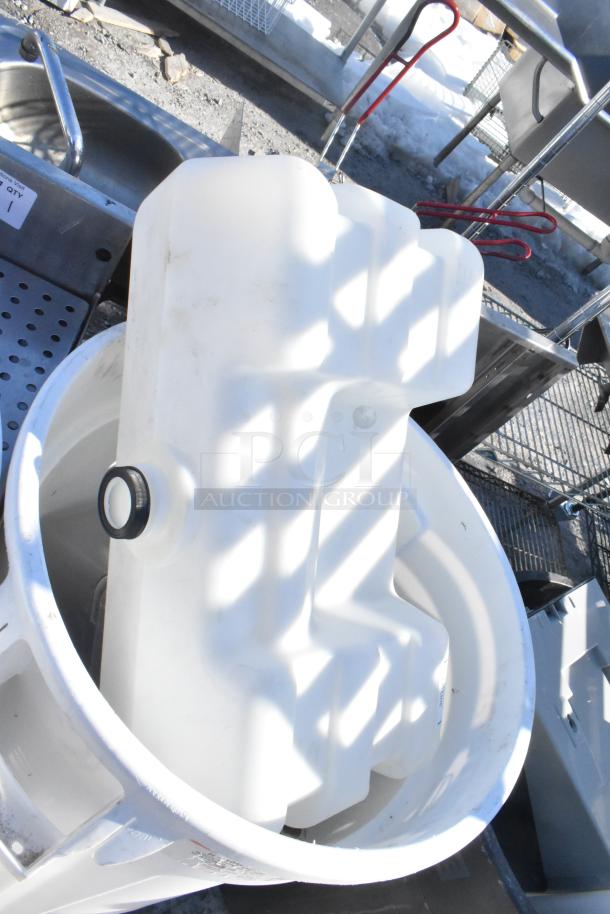 Two white poly trash cans with various contents, used condition, auction item with bid multiplier.