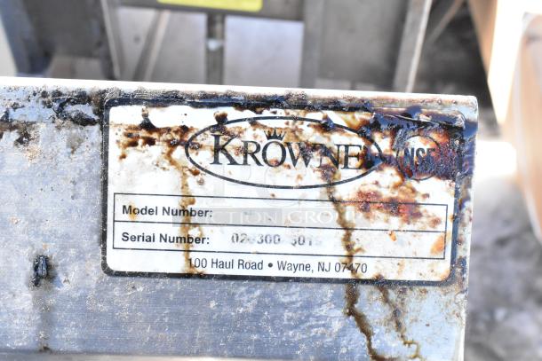 Krowne Single Bay Sink label showing rust and wear, with visible model and serial numbers. Located in Wayne, NJ.