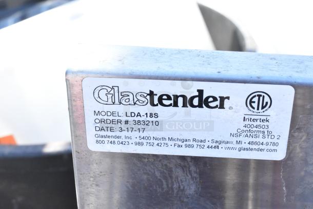 Glastender LDA-18S liquor display label, showing model, order number, and date. ETL certification and contact details visible.