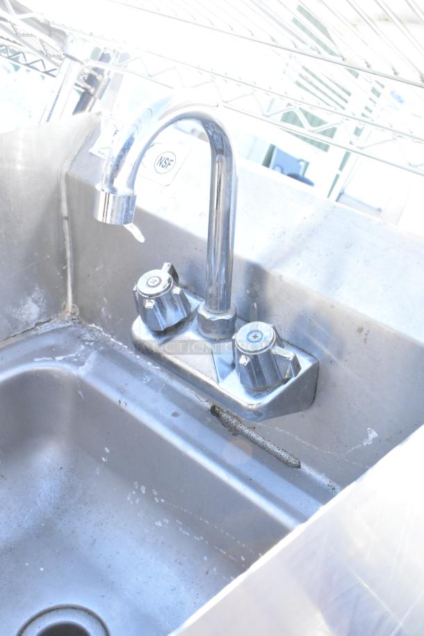 Chrome finish 4-tier wire shelving unit with included metal sink and faucet, NSF label visible, buyer must dismantle.