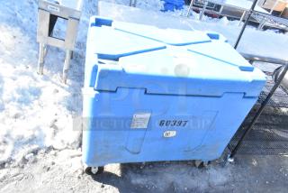 Thermosafe HRMP3-LC blue poly cart with commercial casters, visible label and number 60397, in used condition on snow.