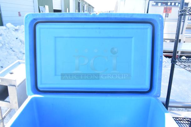 Thermosafe HRMP3-LC blue poly cart with open lid, showing interior. Commercial casters, good condition.