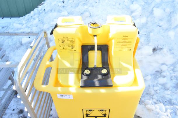Bradley S19-921 Gravity Feed Eye Wash, yellow, dual spray heads, portable design, labeled instructions, excellent condition.
