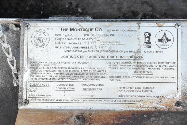 Alt text: "Montague 24P-2 pizza oven label detailing model, type of gas, and lighting instructions. Features certification marks and input rating."
