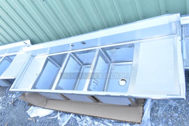 Brand new Regency 600S31824218 commercial sink, 16-gauge stainless steel, three compartments, two drainboards, no legs, minor scratches.
