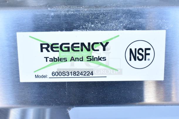 BRAND NEW Regency 600S31824224, 16-gauge stainless steel, three-compartment commercial sink with two drainboards, no legs. NSF certified.